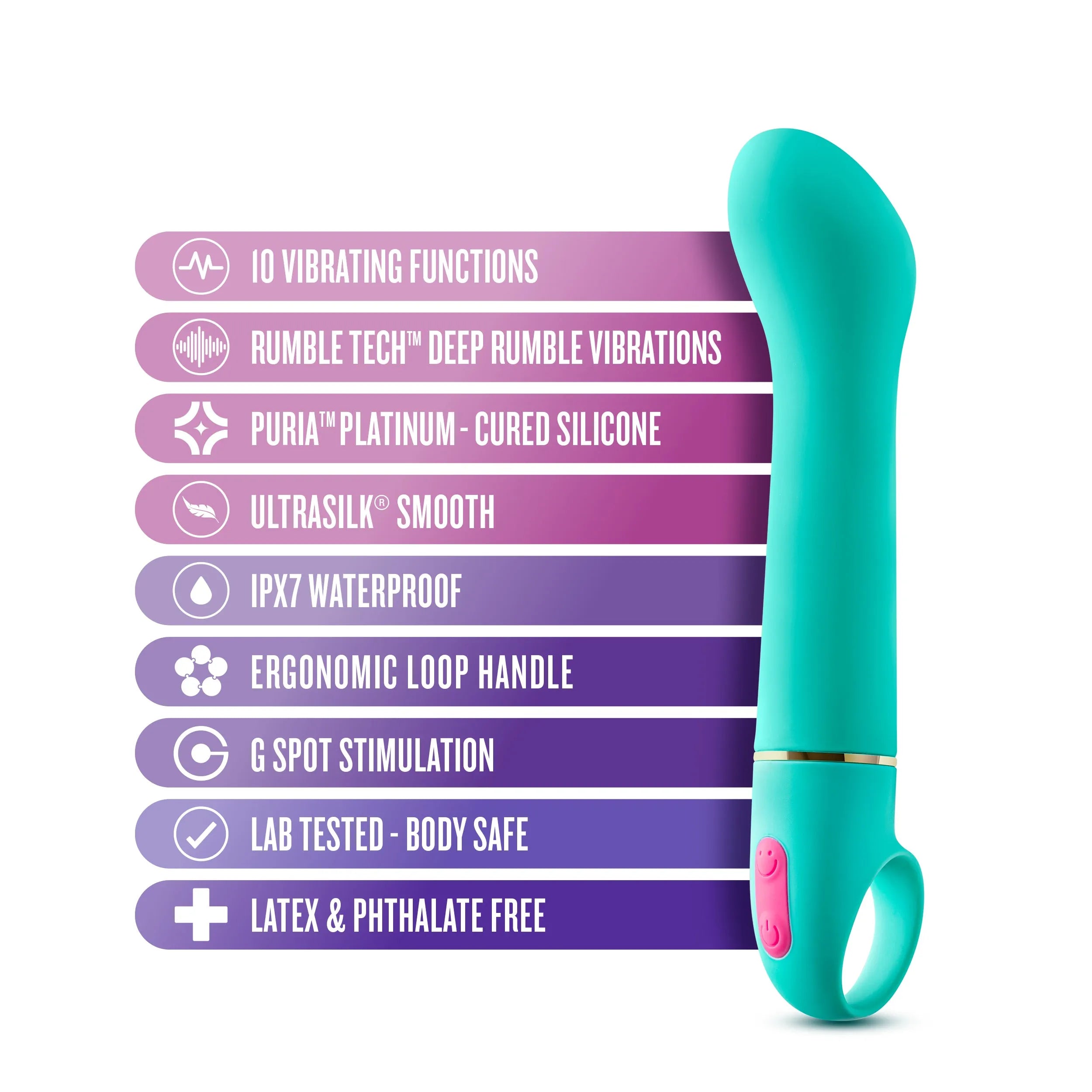 Aria By Blush® | Flirty AF: Vibrador de silicona verde azulado con estimulación mejorada del punto G y potente tecnología RumboTech™